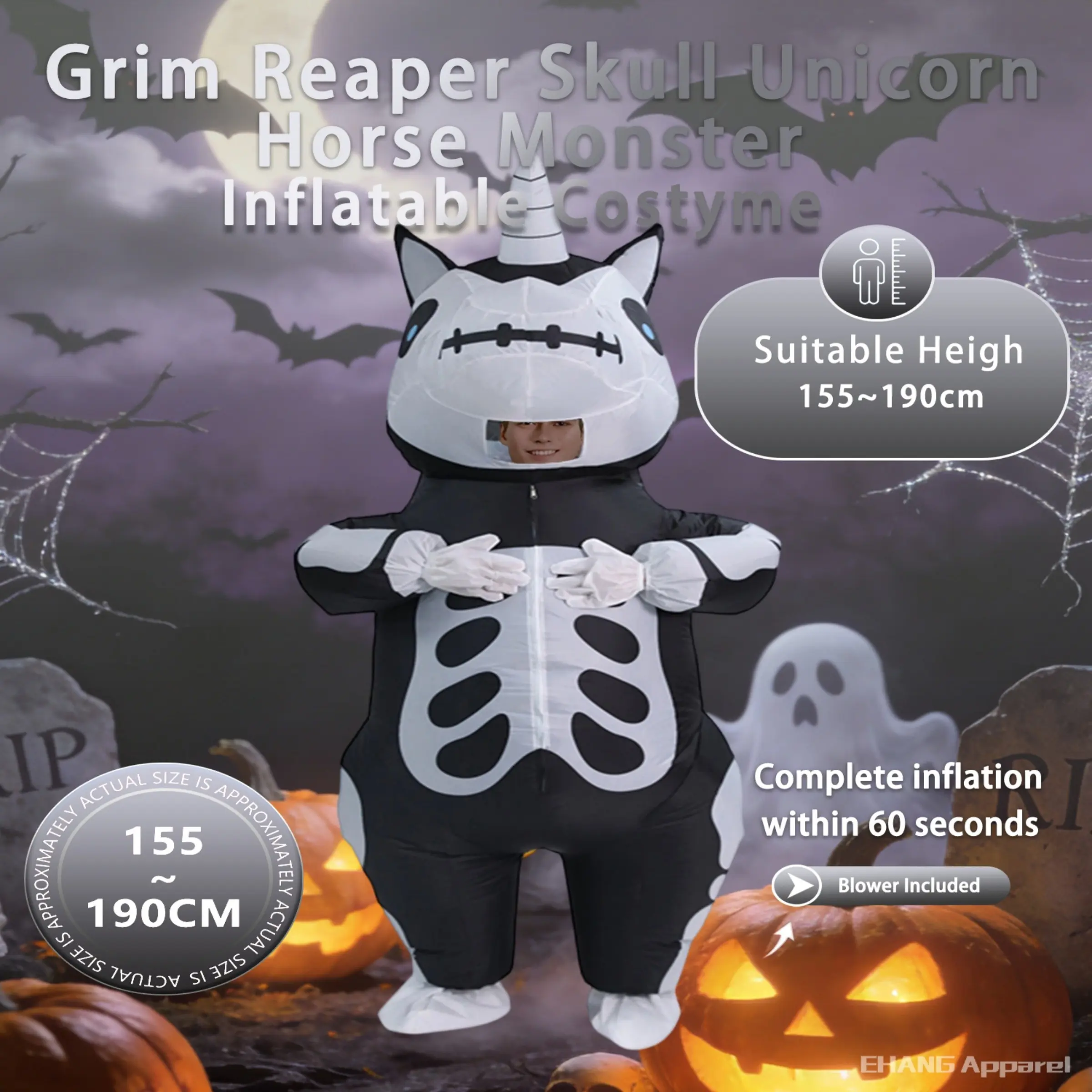 Adult Inflatable Costume for Christmas Carnival, Halloween, Easter, Grim Reaper Skull Unicorn Face Beast, Perfect for Men's Party