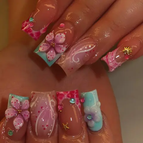 24pcs Blue Flower Press-On Nails, Square Medium Length, Ocean Style 3D Starfish Bubble Shell Design, Reusable Artistic False Nail Set