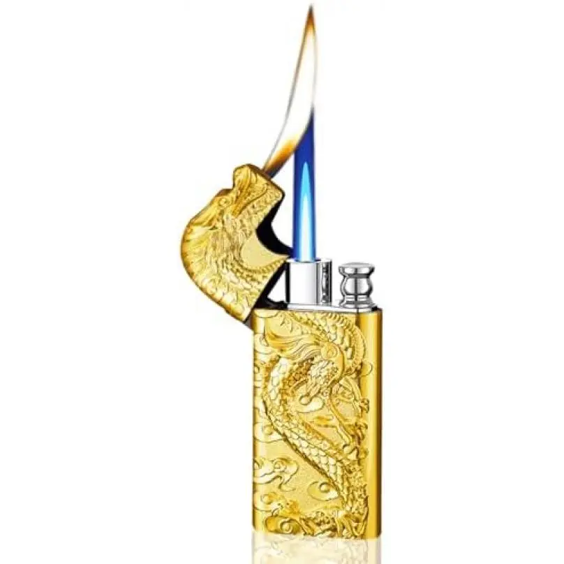 Embossed Dragon Lighter, Cool Dual Butane Lighter, Windproof Lighter, Dual Dragon Lighter, Butane Refillable Lighter, Men's Lighter Gift (No Gas) (Gold)