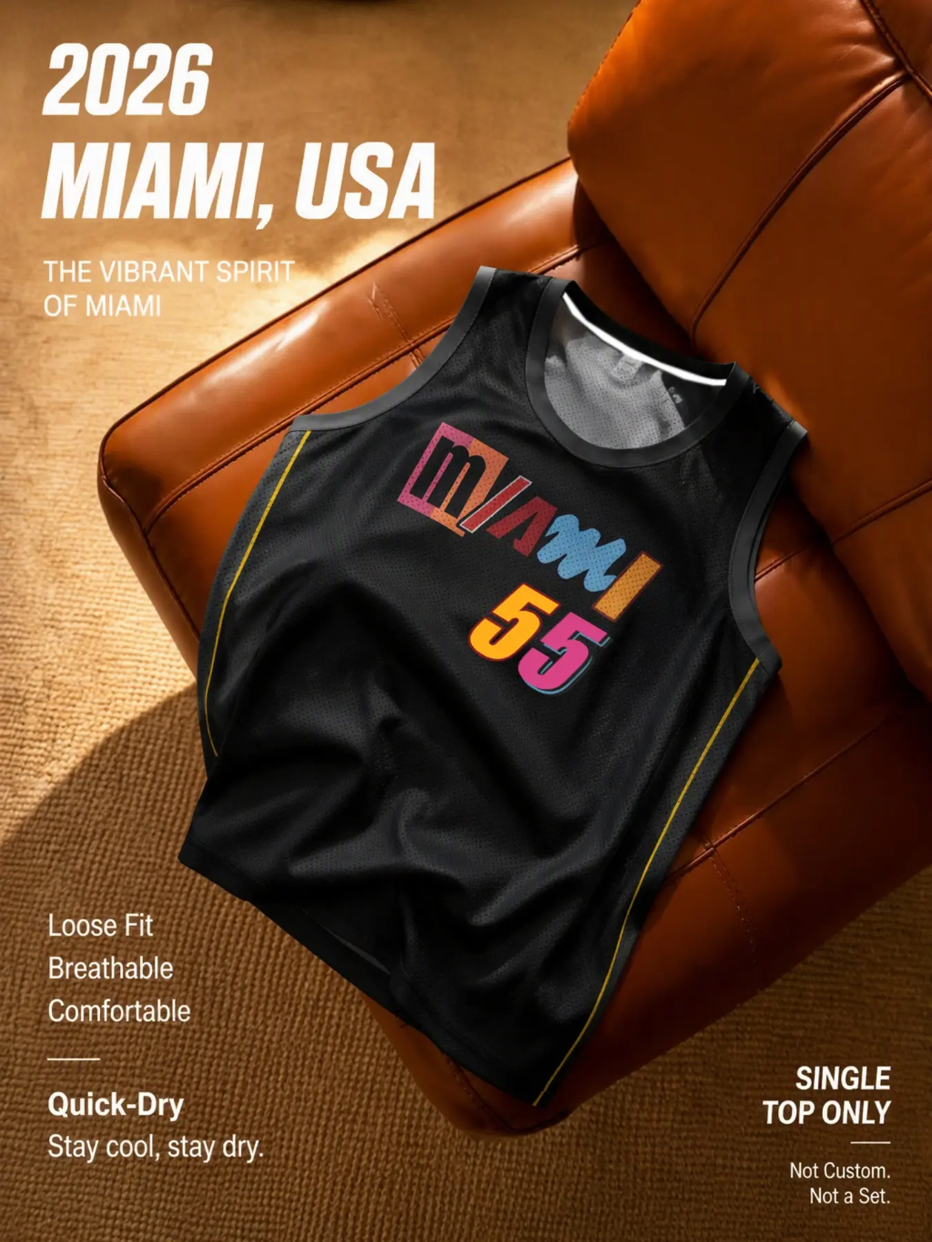 Miami Men's Letter Print Sleeveless Basketball Jersey, Mesh Vest with Side Stripes, Sporty Slim-Fit, All Seasons