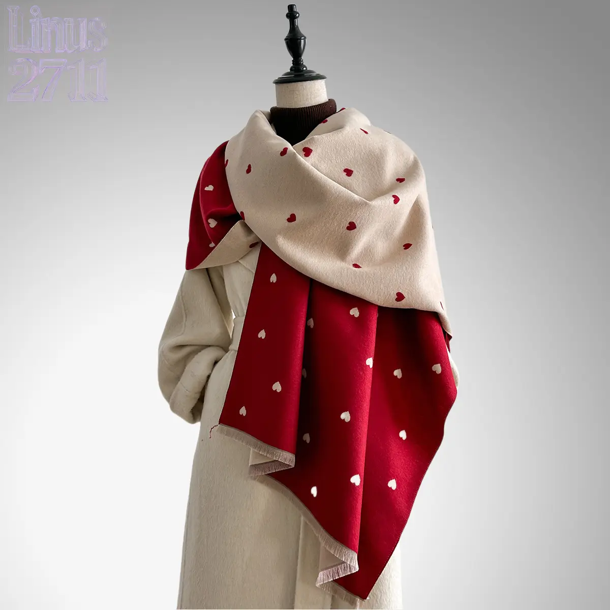 Women Double-Sided Heart Print Imitation Cashmere Scarf Reversible Red Beige Warm Winter Shawl Soft Thick Sweet Love Heart Pattern Pashmina Wrap Office Air Conditioner Blanket Scarf Fashion Cold Weather Neck Warmer Gift