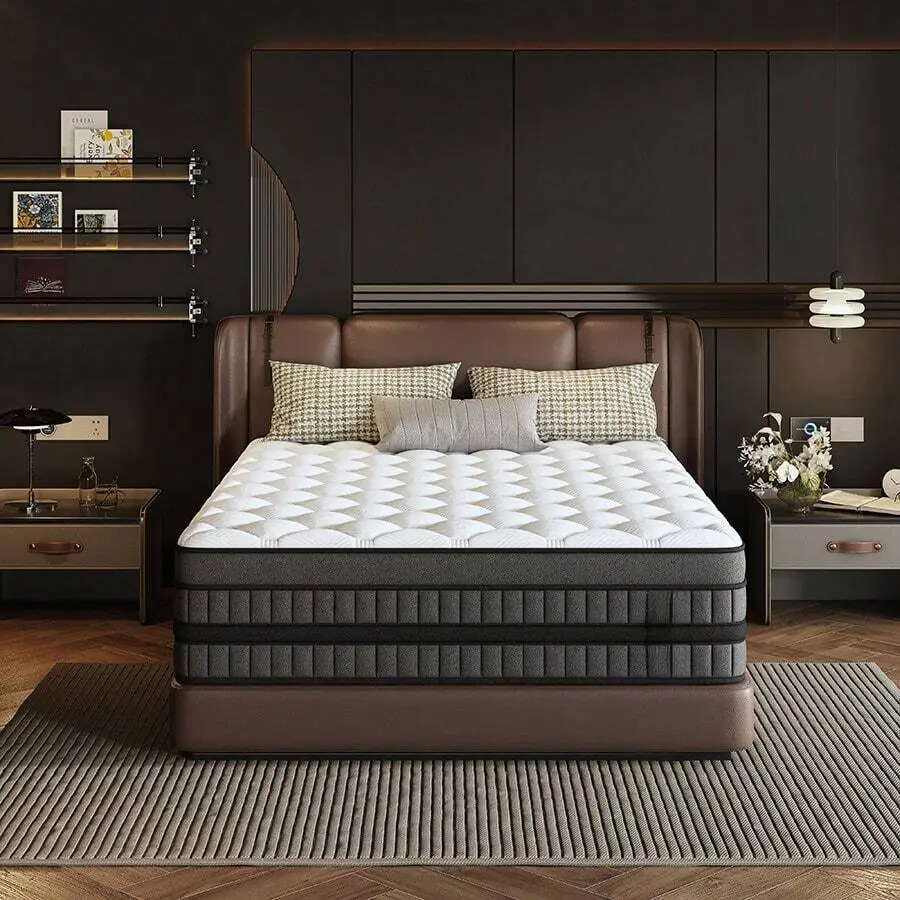 Hybrid Black Queen Mattress - 12-In/14-In Fiberglass-Free Odorless Single Unit, Built-In Memory Foam, Individually Pocketed Springs, Quilted Top, Side Handles, Motion Reduction, Available in Twin/Full/King Sizes (For Couples)