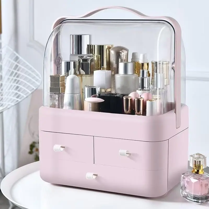 Cosmetic Storage Box, Dust-Proof Desktop Organizer, Home Makeup Shelf, Vanity Tray, Skincare Holder, 1 Piece, Ideal for Dorms & Homes