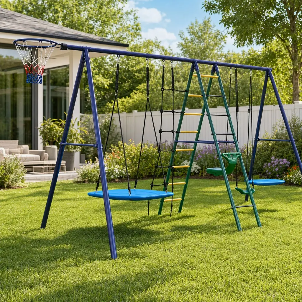 6-in-1 Kids Outdoor Playground Set with Swing, Climbing Net, Glider, Hammock & Basketball Hoop - Heavy-Duty Steel Frame, Free Shipping