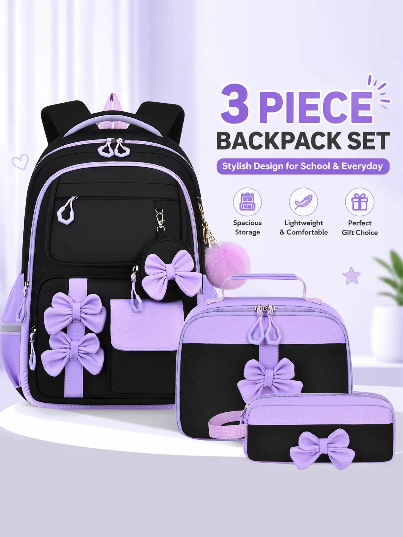 3Pcs Black Lavender Color Block School Backpack Set Sweet Bow Decor Matching Handheld Lunch Bag Slim Stationery Pouch Mesh Padded Shoulder Straps Multi-layer Storage Pockets for Campus Study Weekend Trips Daily Casual Outings