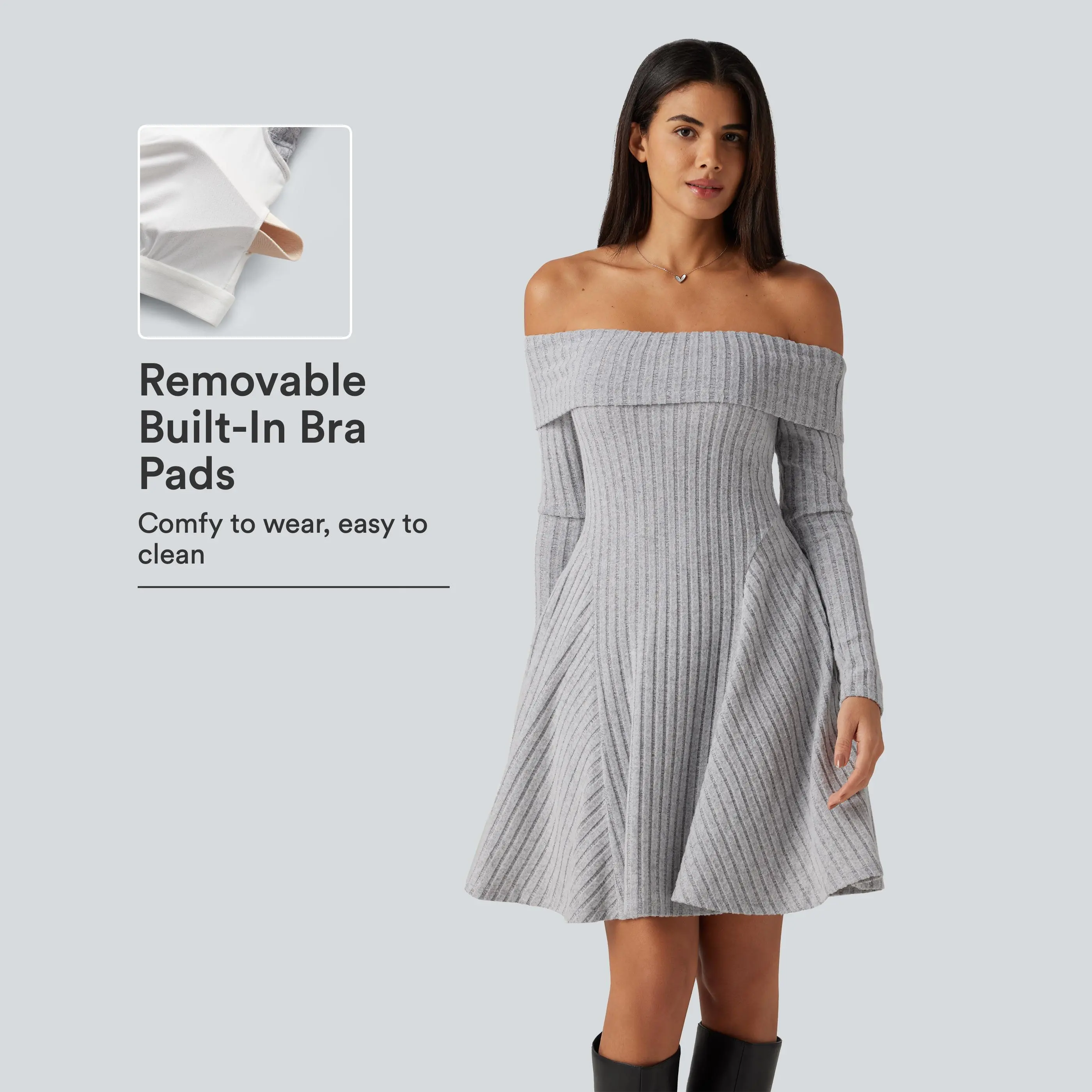 Halara Ribbed Knit Off Shoulder Long Sleeve Built-in Bra Mini Casual Dress with Pockets