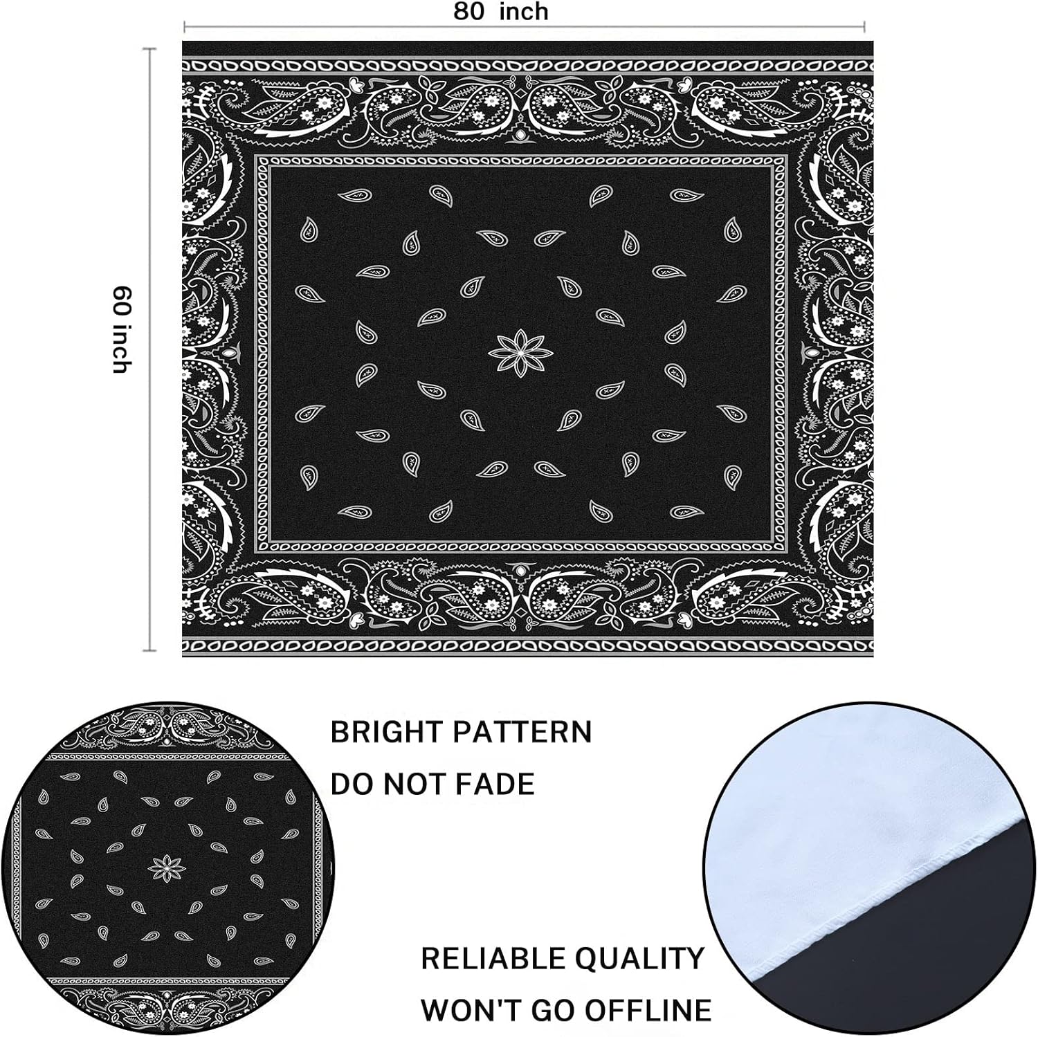 Durable Decorative Tapestry - Emvency Polyester Wall Hanging with Colorful Paisley Black Pattern, Bandanna Border, White Design, Peach & Animal Accents - Home Decoration for Living Room, Bedroom (40X30in (102X76cm))