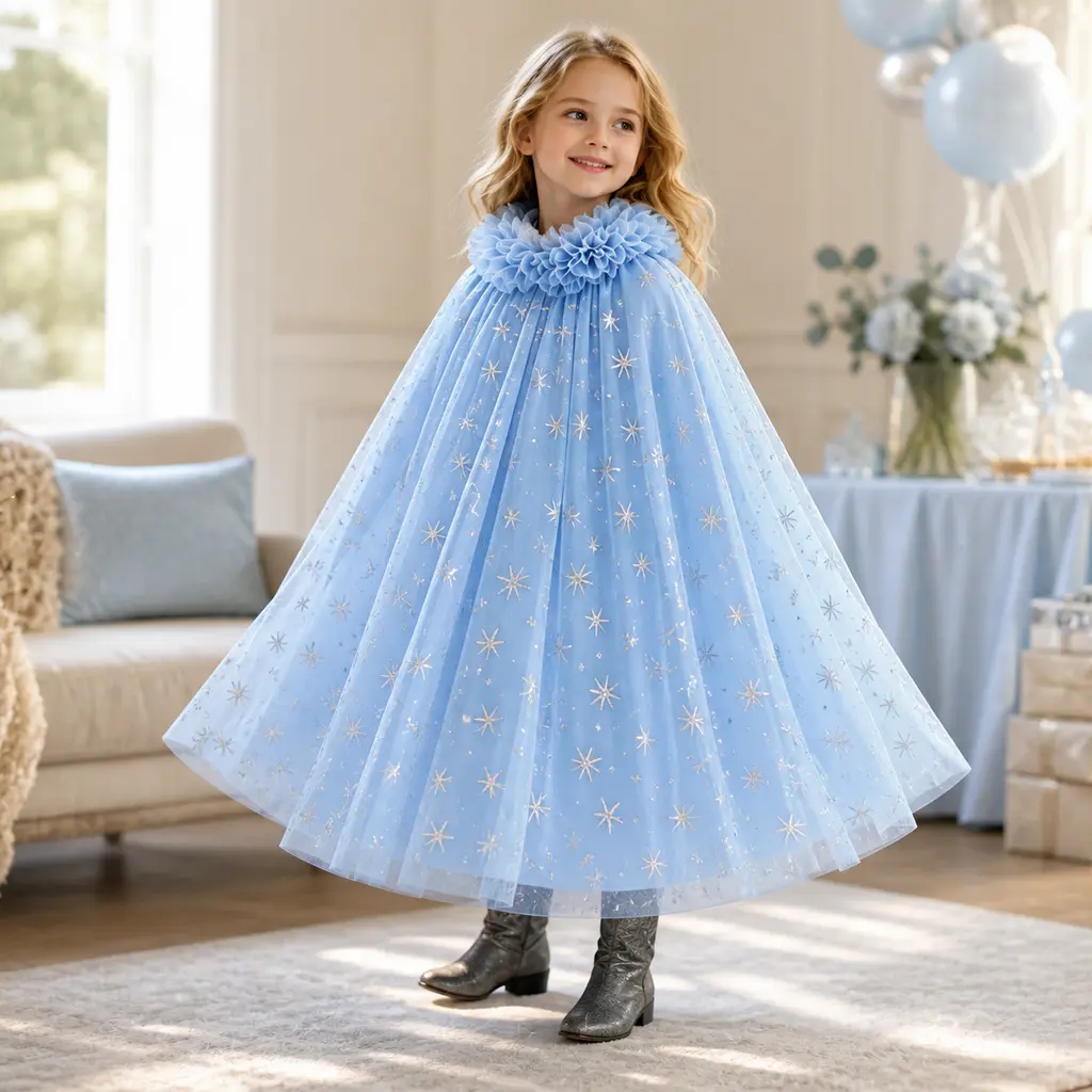 Girls Ice Princess Cape, Blue Snowflake Costume Cloak for Birthday Party, Dress Up, Stage Show & Winter Theme Outfit
