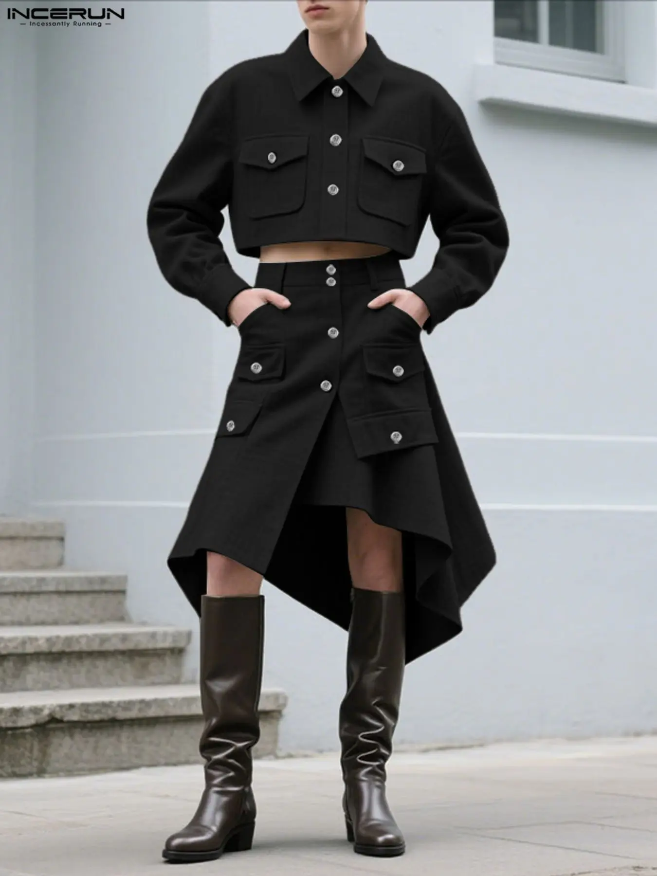 INCERUN Men's Fashion Long Sleeve Jacket and Skirt Set, Two-Piece, Commute Style Set, Stylish and Comfortable, Perfect for Casual Wear