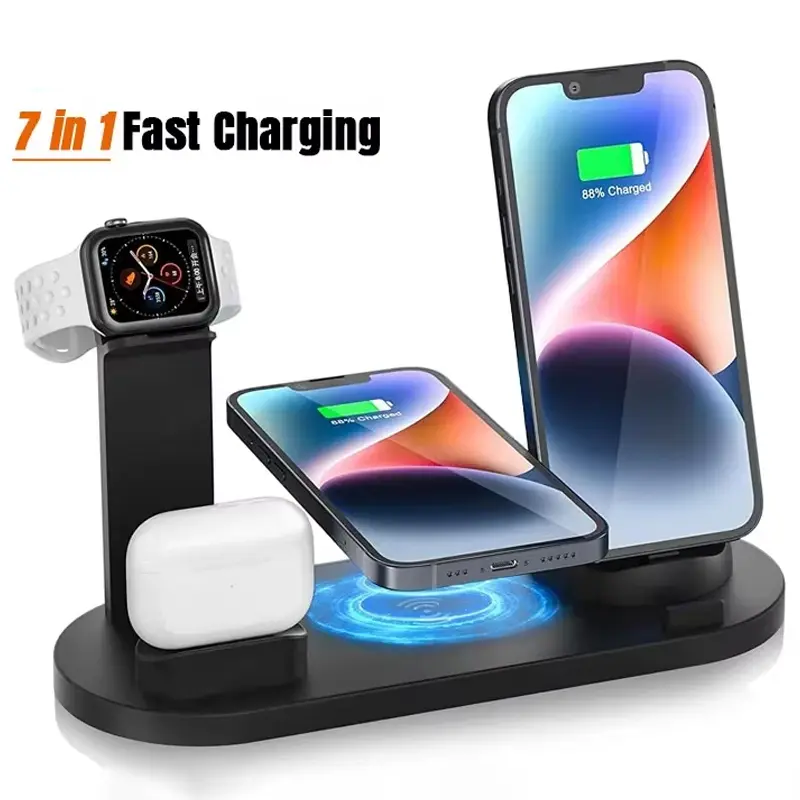7 In 1 Wireless Magnetic Universal Car Mount Charger Stand For iPhone 1-12 Apple Watch 9/8/7/6 Airpods Pro2/1 Phone Chargers Fast Charging Dock Station dual usb port flash drive