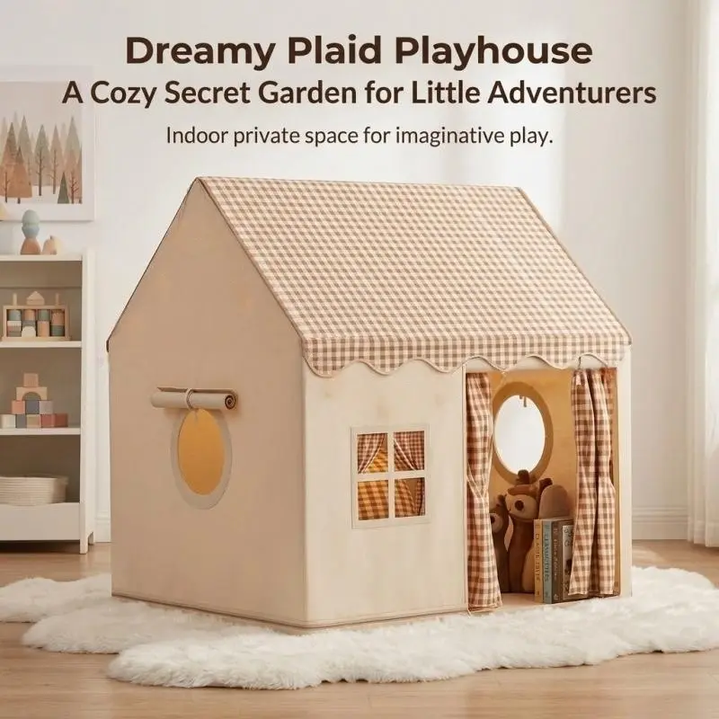 High-Quality Plaid Game Tent, Pretend Play Tent, Comfortable Indoor Fabric Playhouse, Spacious Tent with Privacy Curtain, Fun and Decorative Toddler Playhouse