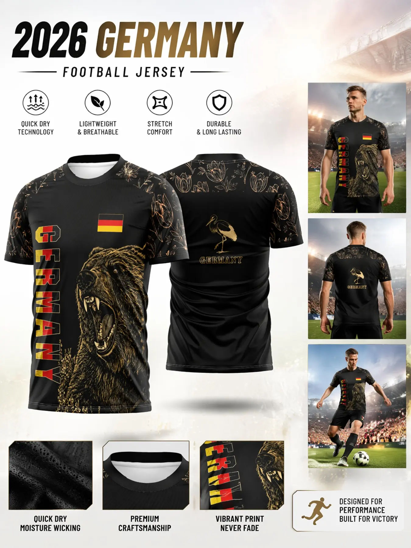 2026 Germany Gold Bear Soccer Jersey, Floral Sleeves, Lightweight Breathable Fabric, Durable Sporty Fit, All Seasons