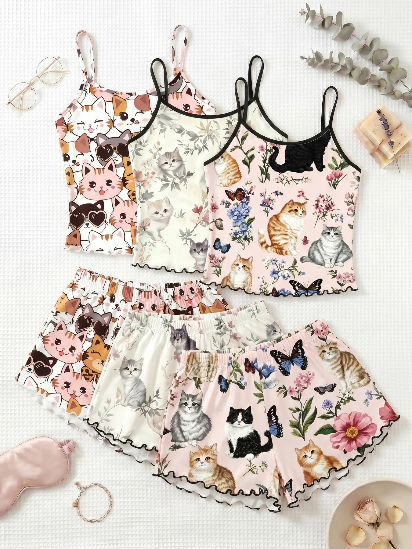 3-Piece Set Cute Cat Print Tank Top Spaghetti Strap Shorts Pajamas, Trim Ruffle Design, Sweet Cool Girl Style Breathable Home Sleepwear, Loungewear, Ruffled