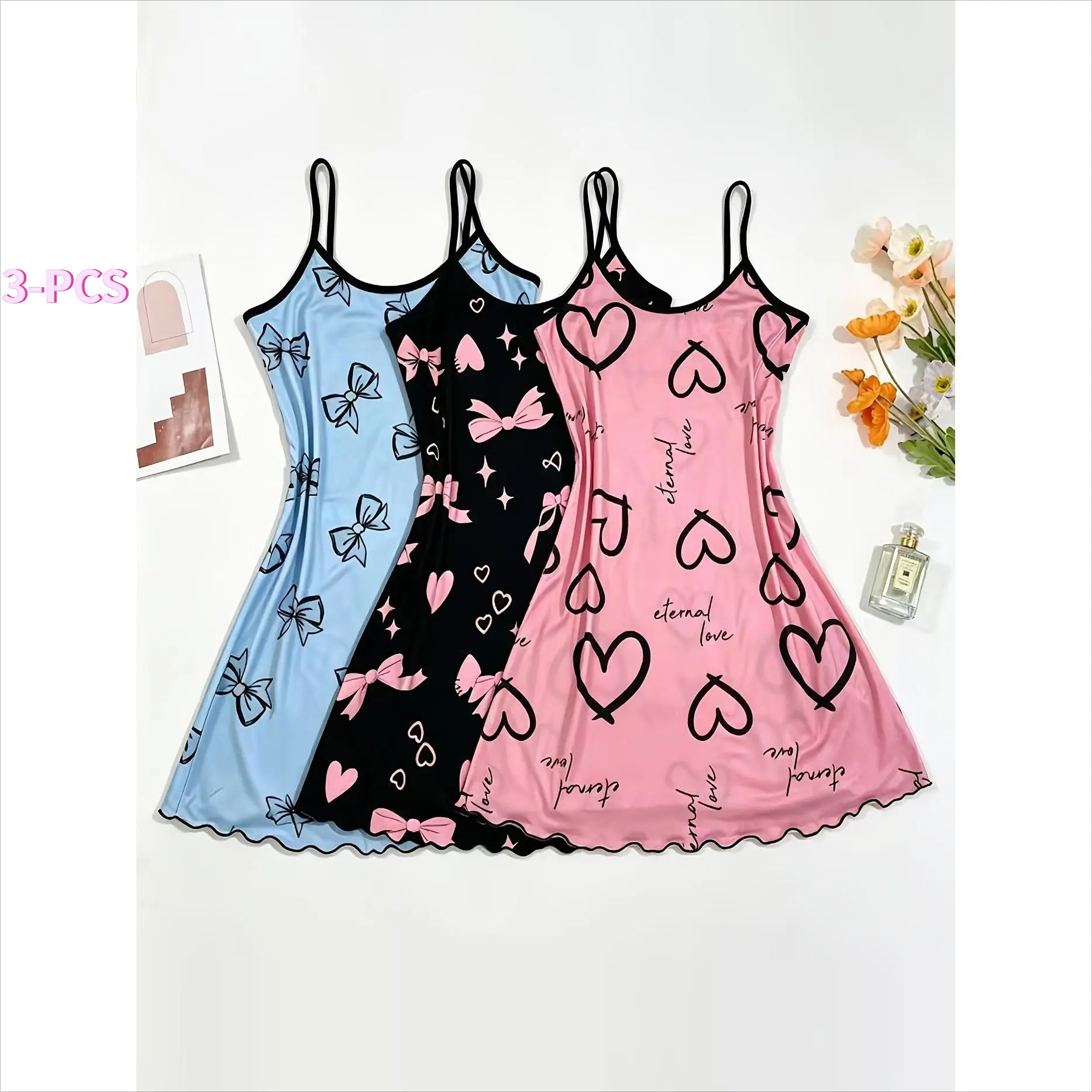 Women's 3-Piece Thin Spaghetti Strap Cami Sleep Dresses - Feminine Heart Print V-Neck Mini Nightgowns, Comfortable Home Loungewear