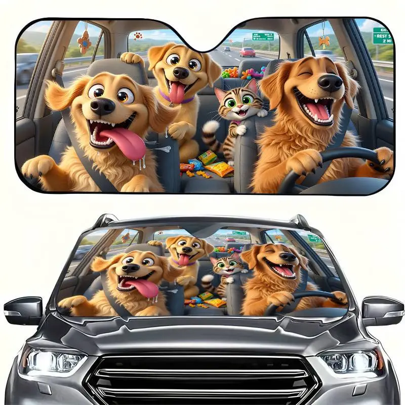 Happy Dogs Car Sun Shade Windshield,Sunshade for Car Windshield,Foldable Car Window Shades Sun Reflector Visor Protector Universal Fit for Cars, Trucks & SUVs