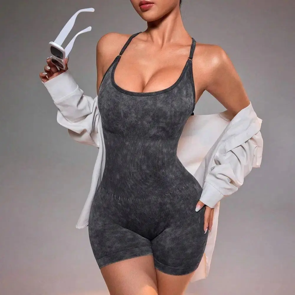 Women's Distressed Washed Seamless Yoga Bodysuit - Strappy No Panty Line Dance Leotard, Vintage Soft Slimming Athletic Bodysuits for Gym, 1-Piece Workout Unitard, One-Piece Athletic Bodysuits, Slimming Bodysuits