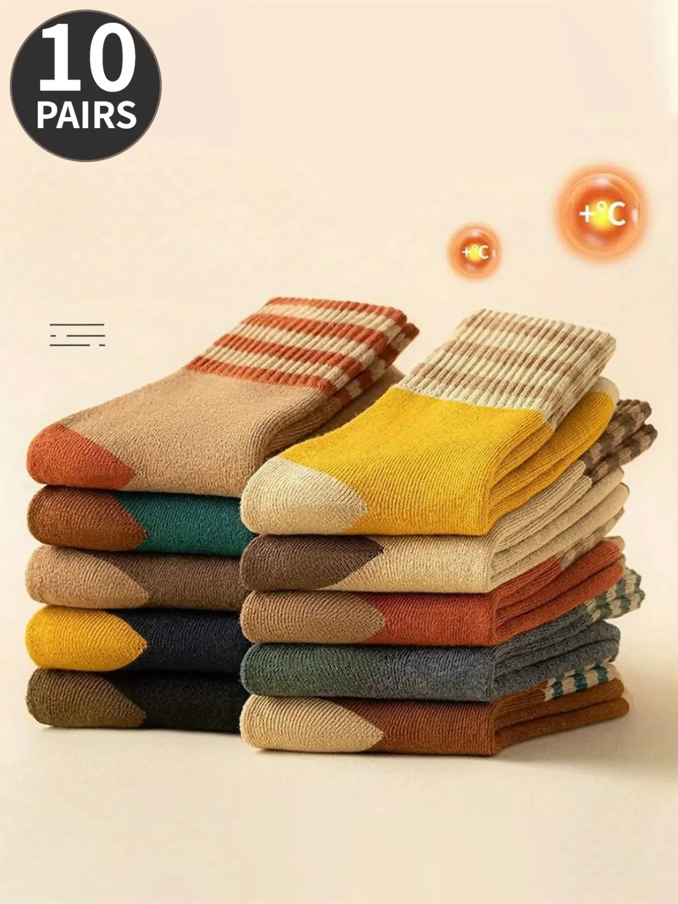 10-Pair Pack of Thickened Terry-Loop Warm Color-Blocked Mid-Calf Socks, Knee-High Socks, Casual Socks, Retro Multi-Color Patchwork—A Fall/Winter Must-Have, Versatile Socks for Home and Sports, Thermal Crew Socks, Colorblock Crew Socks