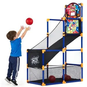 2-in-1 Kids Basketball Arcade Game with Sticky Toss, Height Adjustable Basketball Hoop, Automatic Ball Return Ramp, 4 Basketballs & 6 Sticky Toss Balls, Indoor Outdoor Sports Play Toy, Activity Game for Living Room Patio, Gift for Toddlers Boys Girls 3+