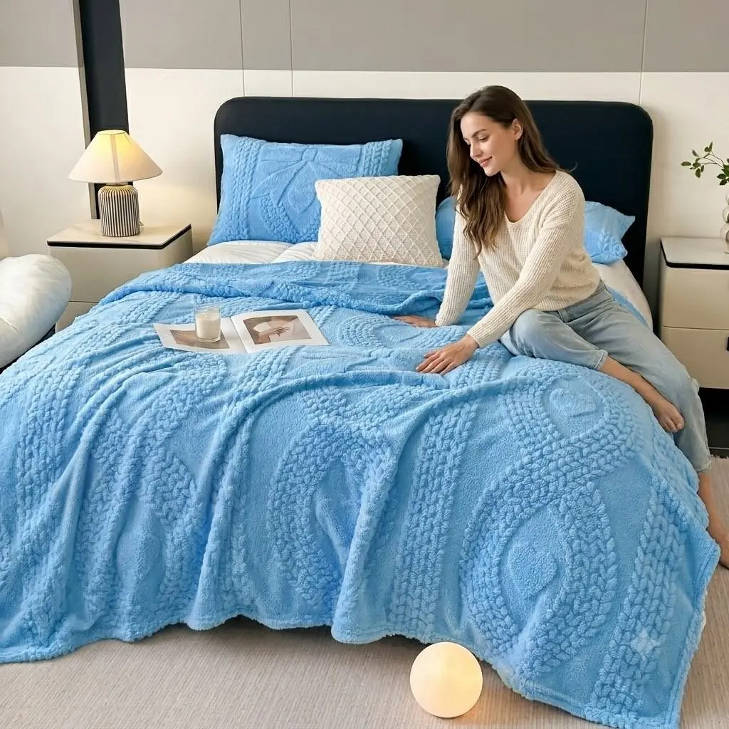 1pc 280g Heavyweight Blue Bow Heart Texture Cozy Throw Blanket, Soft Thick Bedspread, 3D Embossed Design, Warm Comfort for Bedroom Living Room All Seasons