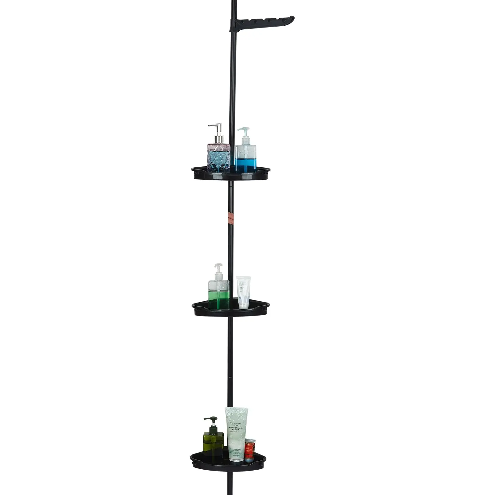 GARVEE Adjustable Corner Shower Caddy Tension Pole with 4-Tier Shelves, Bathtub Storage Organizer Featuring Rubber Pads, Fits 101.6 to 122 Inches, Black Finish