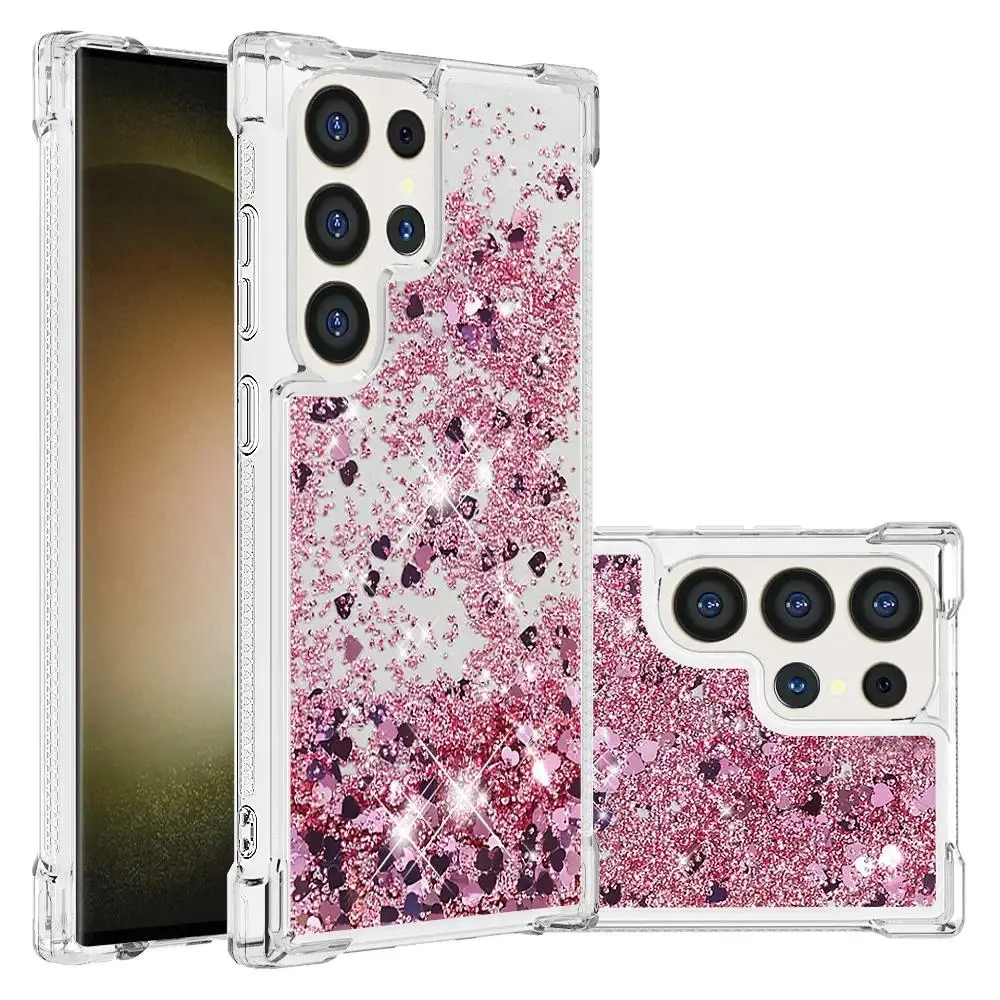 Compatible with S26Ultra/25/24/23/22, Sand Heart Flowing Glitter Transparent Shockproof Phone Case, Four Corner Anti-Drop Sparkling Protective Cover for Women