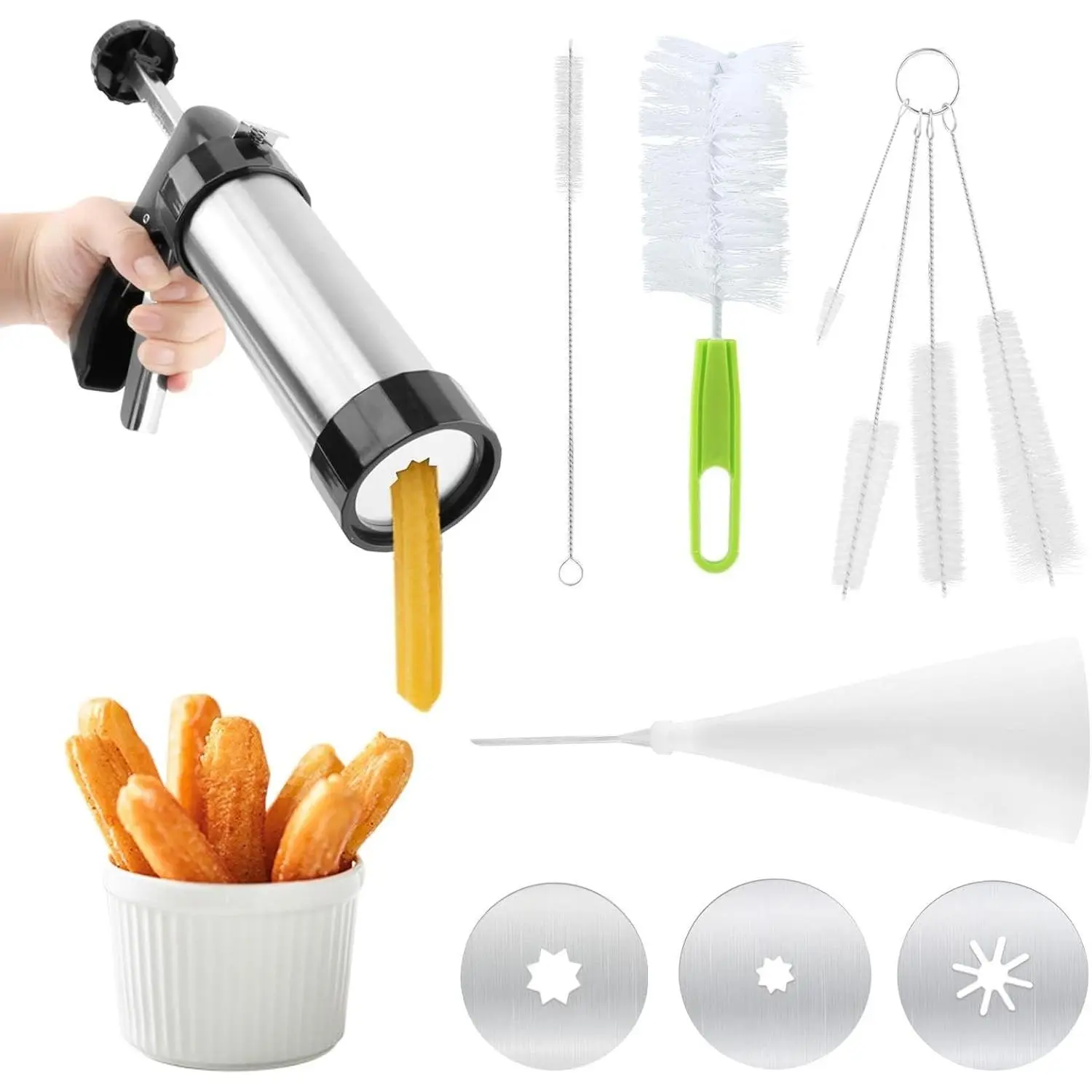 Churros Maker Machine Stainless Steel Churros Gun Kit 3-in-1 Multifunctional Cookie Press Hollow Churros Spritz Cookies Maker with Piping Bag,cleaning Brush(COLOR:as shown)