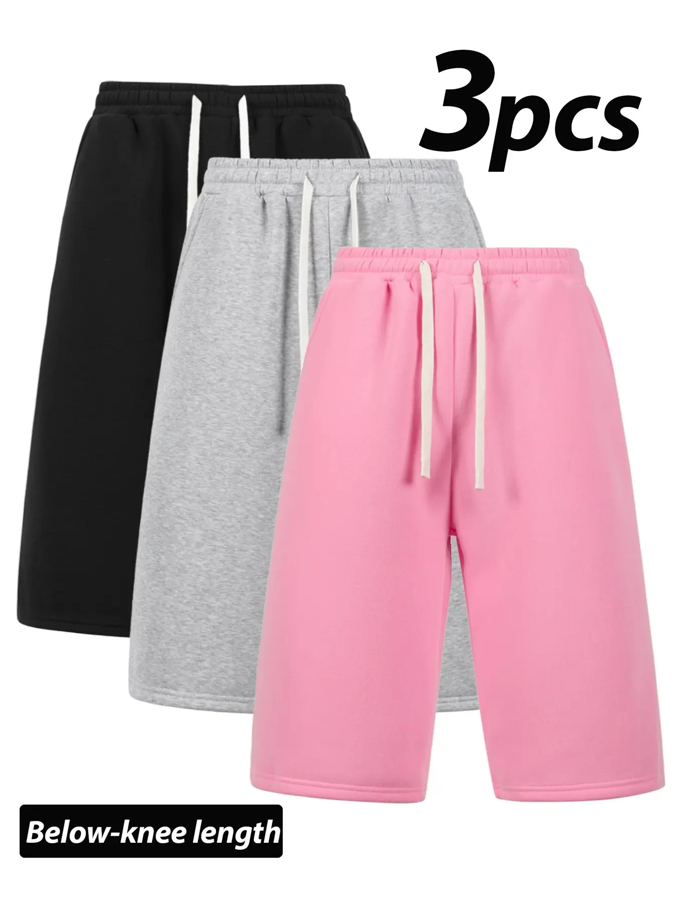Men's Sporty Capri Pants, Fleece Lining, Slim Fit, Drawstring Waist, Knee-Length Shorts, Casual Knit with Practical Pockets, All-Season Wear, Daily Shorts