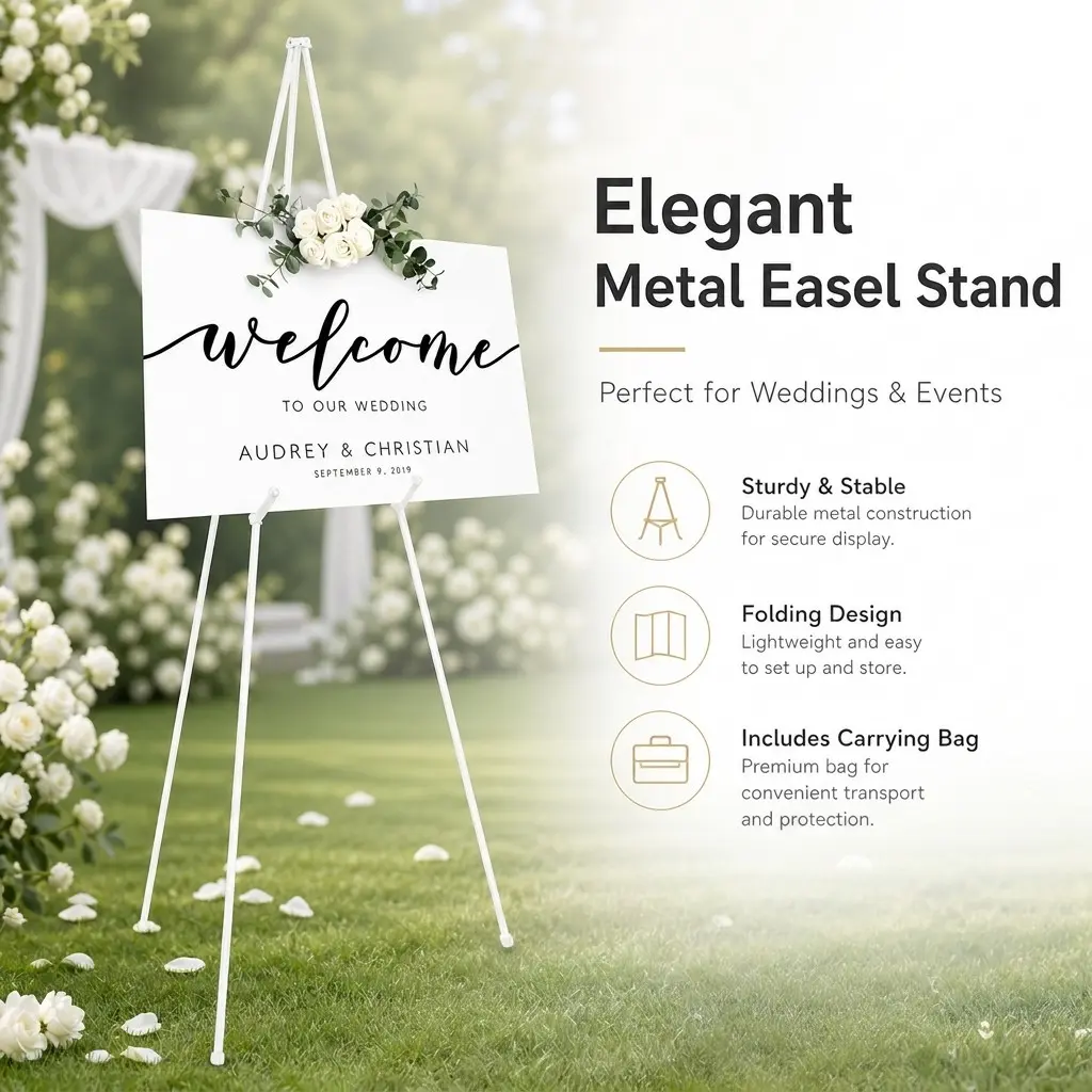 Foldable Metal Tripod Easel, Includes Storage Bag, Lightweight, Sturdy and Stable Display Stand, Ideal for Weddings, Art Boards, Posters, Exhibitions, Elegant, Carrying