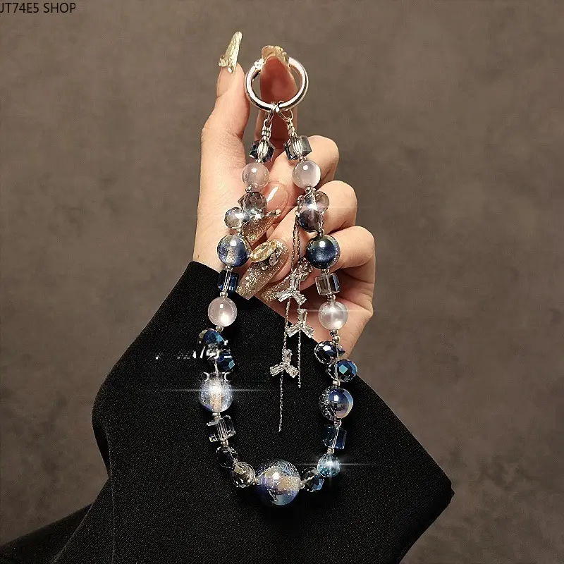 Short Wrist Crystal Beaded Phone Lanyard with Tassel Decor, Portable Handheld Phone Chain Strap, Dainty Decorative Cell Phone Wrist Accessory
