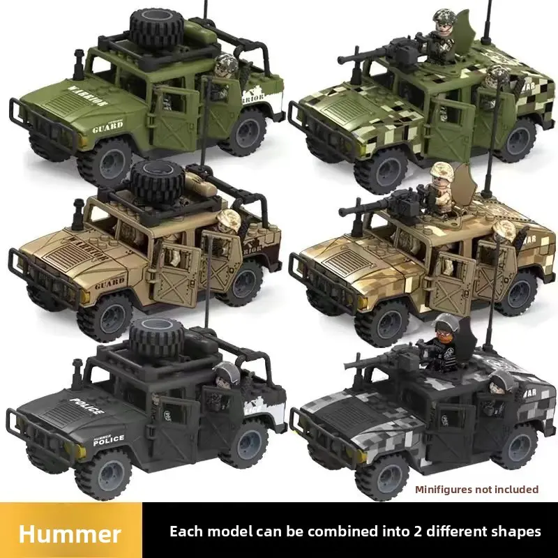 Interlock brick off-road vehicle model (figures not included). Self-assemble design, perfectly matches various historical brick scene themes and vintage style mini figures. A premium collectible assembled display ornament model for hobbyists.