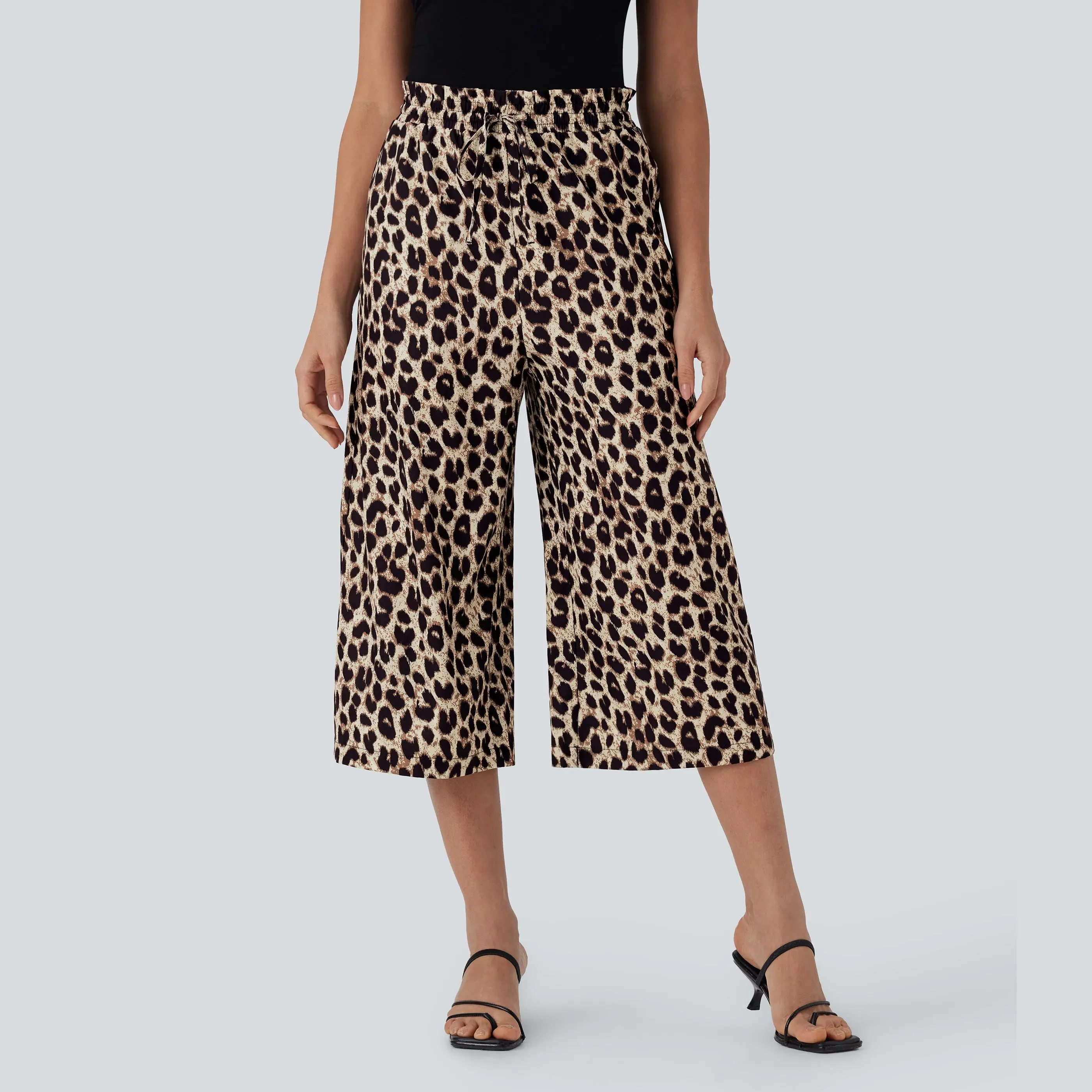 Halara High Waisted Drawstring Leopard Print Wide Leg Capri Casual Pants with Pockets