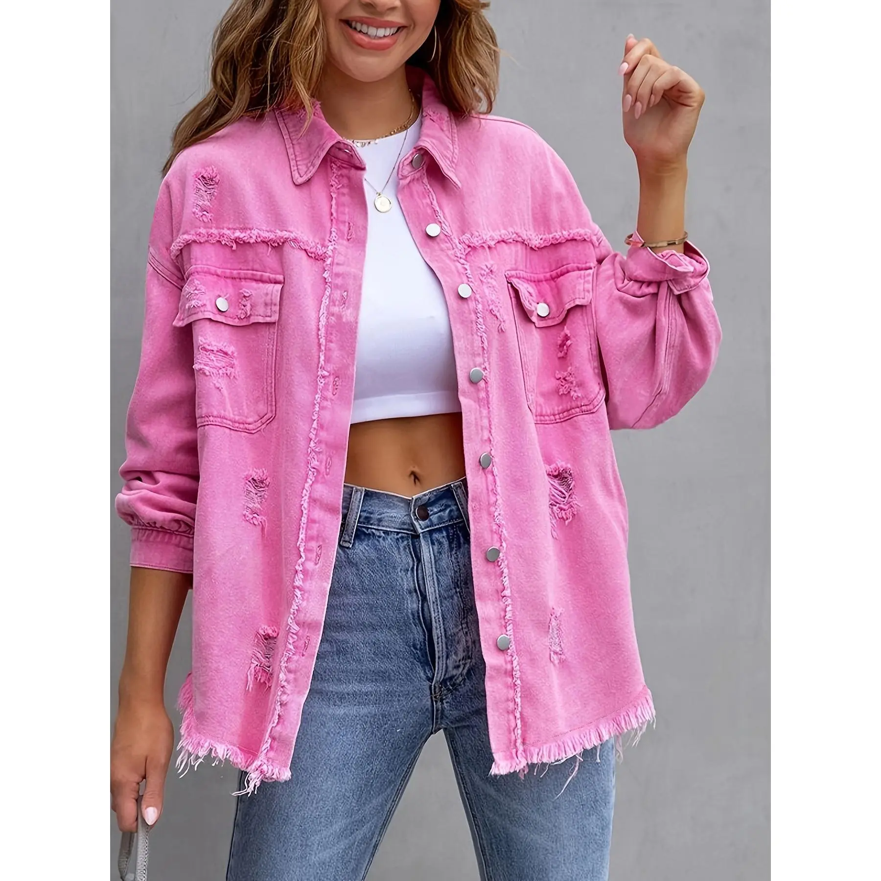 Women’s Pink Distressed Denim Shacket, Oversized Button Front Shirt Jacket with Frayed Raw Hem, Ripped Details & Flap Chest Pockets, Casual Long Sleeve Streetwear Layer for Travel, Weekend & Everyday Wear
