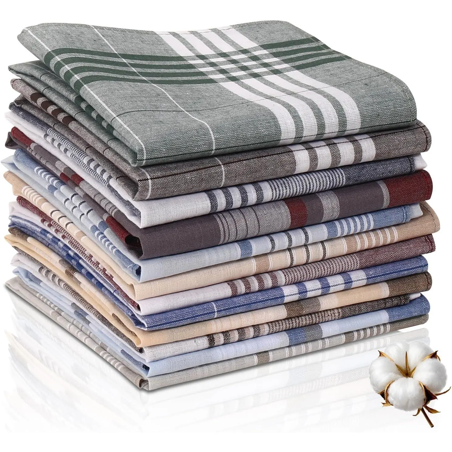 Men's 12-Pack Handkerchiefs, Classic Checkered 100% Cotton Pocket Squares, Large 16-Inch Square for Casual Wear