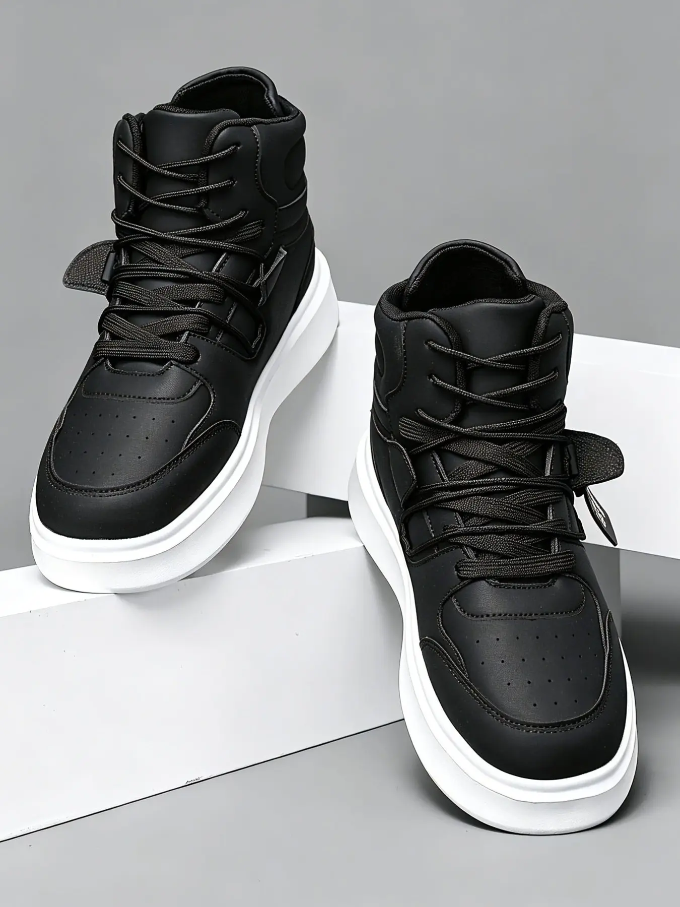 Unisex High-Top Board Shoes, PU Leather Casual Sneakers, Thick Sole Rubber Comfortable Footwear, Versatile Street Style for Daily Wear