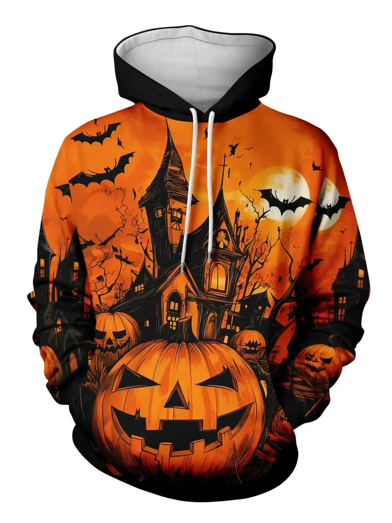 Halloween Pumpkin Ghost Bat Print Graphic Hoodie, Casual Loose-Fitting Pullover, Spring & Fall Festival Wear, All over Print Design