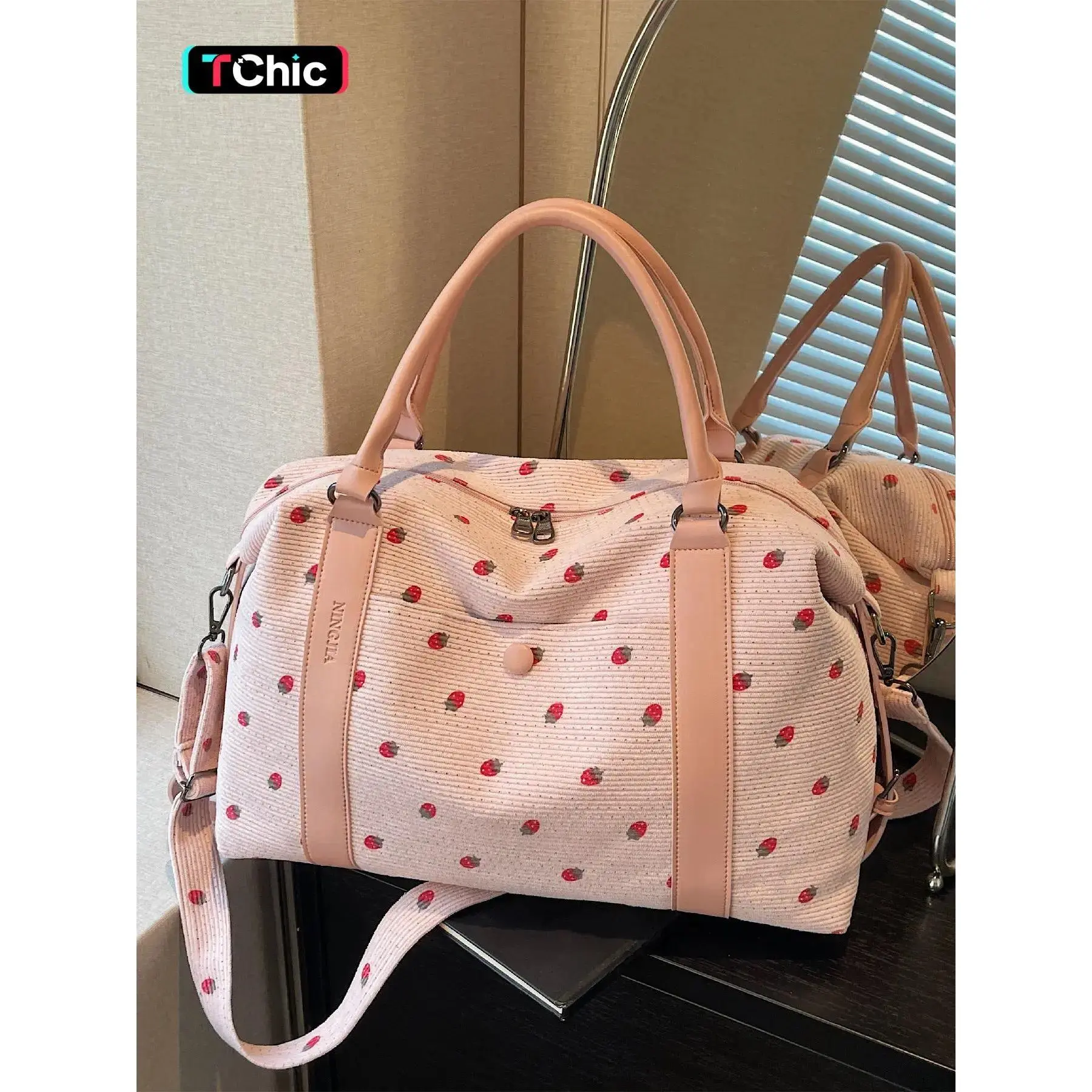 Cute Strawberry Travel Duffel Bag for Women, Aesthetic Corduroy Weekender Tote with Suitcase Sleeve, Large Capacity Carry On Bag for Vacation, Airport Travel, Shopping, Gym, Overnight Trips & Everyday Essentials