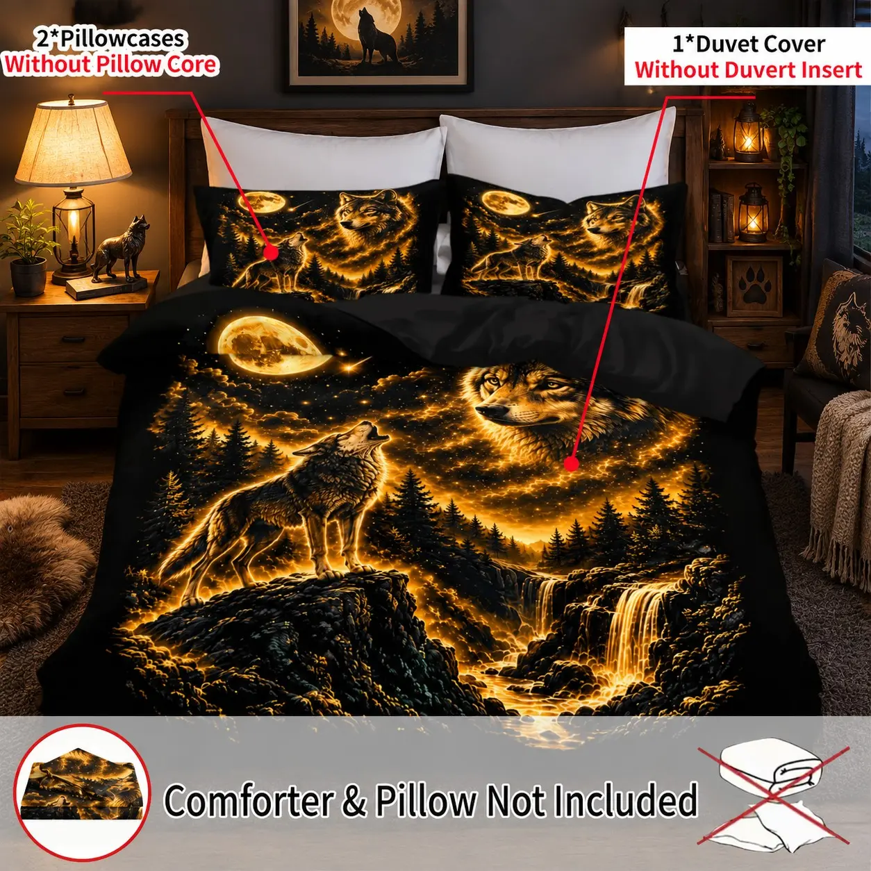 Gold Moon Wolf Howl Bedspread Set, Starry Forest Waterfall Wolf Print Bedding, Includes 1 Duvet Cover and 2 Pillowcases, No Padding