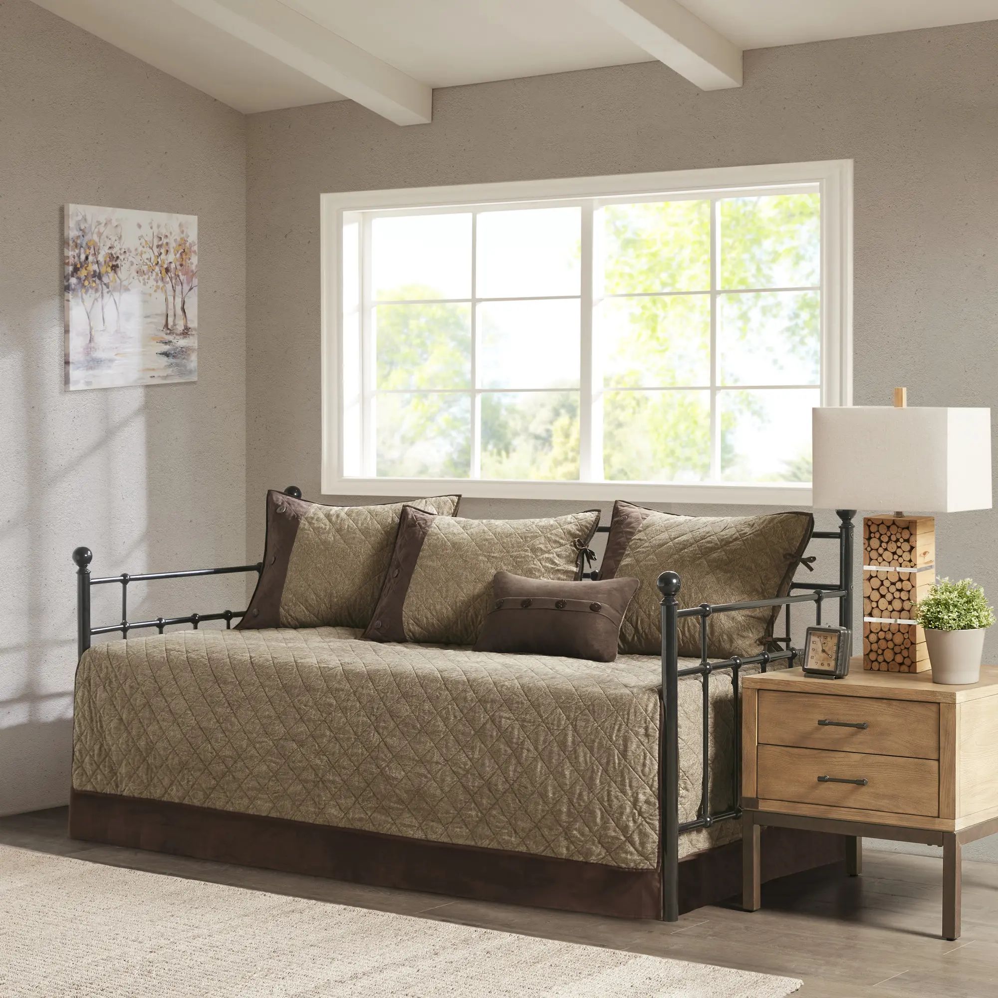 Nokaa 6 Piece Reversible Daybed Cover Set - Twin Size Faux Suede Bedding with Diamond Quilted Design, Lodge Cabin Style Daybed Decor, Machine Washable, Brown
