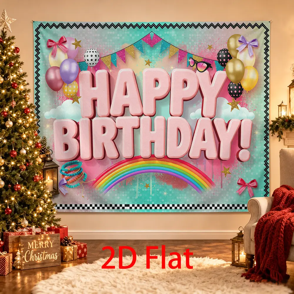Pastel Birthday Backdrop with Balloons, Rainbow, Bunting and Gold Stars