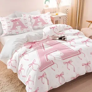 Pink Bow Initial A-Z Full Duvet Cover Set, Pink and White Bow Knot Bedding Set for Girls Kids, Monogrammed Princess Bed Set, Cute Preppy Bows Comforter Cover with Pillowcases 2/3Pcs Bedroom Decor (No Comforter)