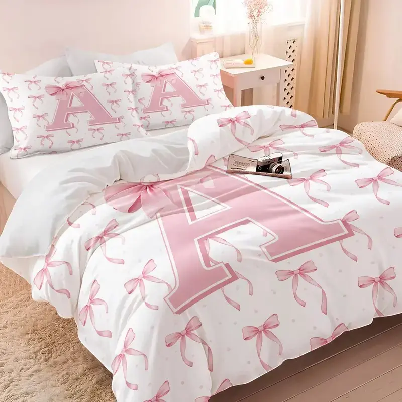 Pink Bow Initial A-Z Full Duvet Cover Set, Pink and White Bow Knot Bedding Set for Girls Kids, Monogrammed Princess Theme Bed Set, Cute Preppy Bows Comforter Cover with Pillowcases 2/3Pcs Bedroom Decor (No Comforter)