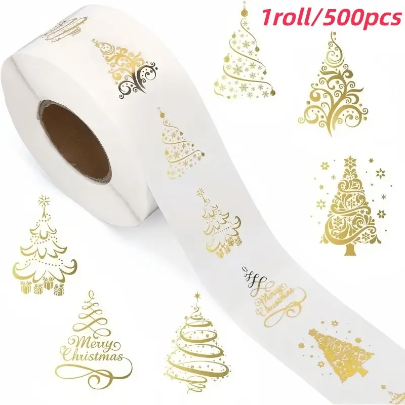 Christmas Stickers Roll, 500 Sheets, 6 Designs, Glossy Holiday Decor, Card & Gift Wrapping, DIY Decoration, High-Quality