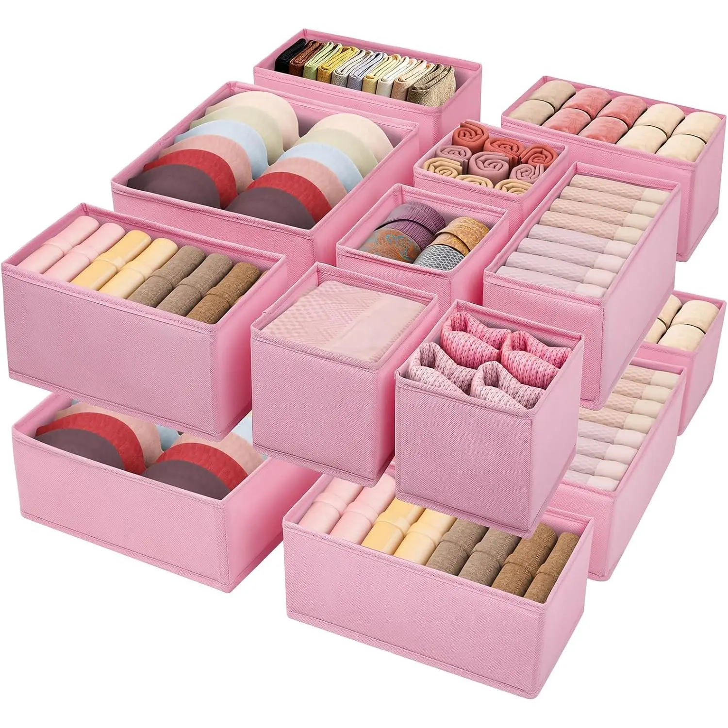 Pink Multi-Size Fabric Drawer Clothing Organizer 16-Pack - Flat Folded Rectangle Boxes, Underwear Drawer Dividers for Baby Clothes, Bras, Socks