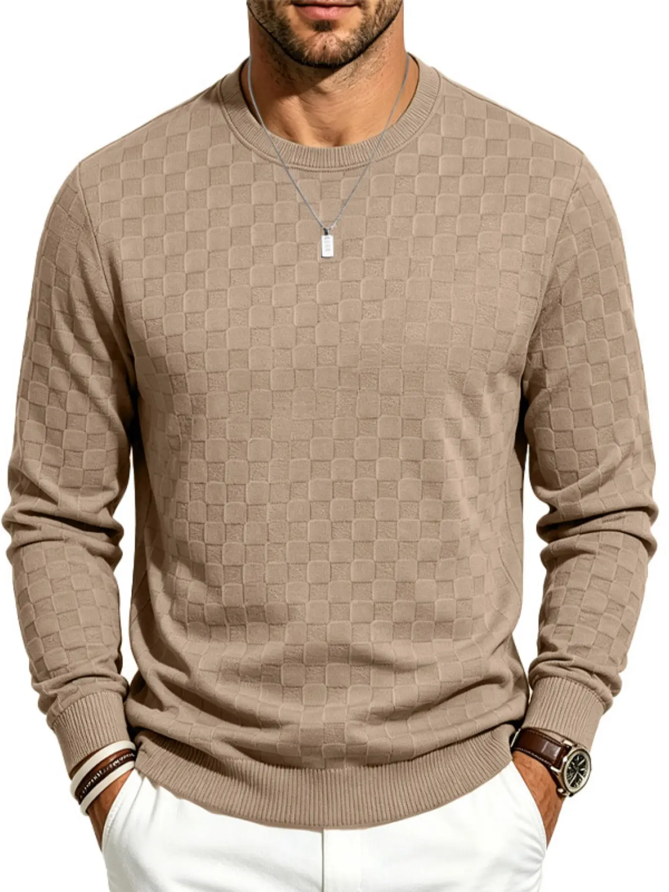 Men's Soft Square Pattern Round Neck Long Sleeve Knit Pullover, Elastic Breathable Casual Classic Business Wear, Essential Layering Top