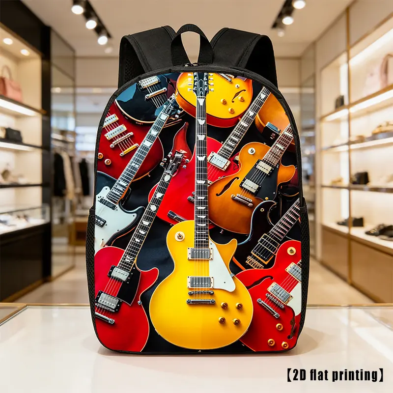 Unisex Casual Carry Polyester Backpack with Electric Guitar Rock Band Art, Lightweight for School & Travel with Side Pockets