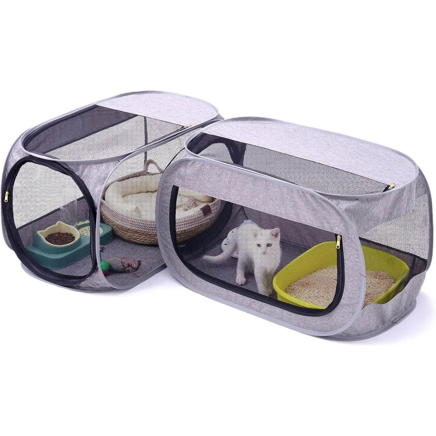 Indoor Corner Cat Playpen with Litter Box Compartment - Foldable Oxford Cloth Ventilated Space-Saving Enclosure for Kittens