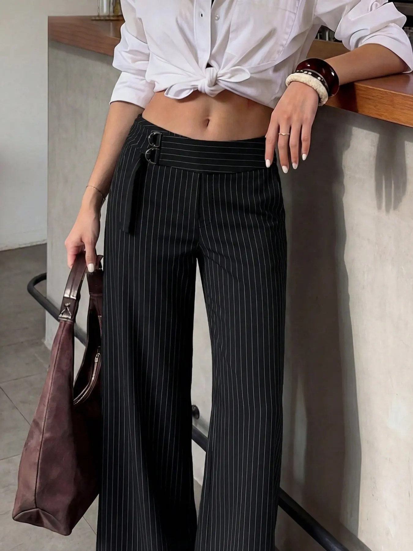 Elegant Women's Fall Winter Striped Waist Adjuster Straight Leg Suit Pants Slacks, Fashionable Long Trousers with Adjustable Rope Design