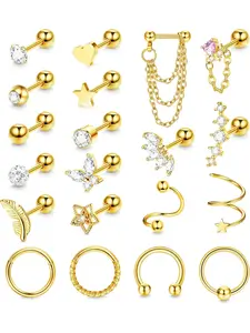 20Pcs 16G Helix Cartilage Earrings Silver/Gold Surgical Steel Helix Piercing Jewellery for Women Ball Feather Heart Star Tragus Earrings Stud Hoop Set Tragus Conch Piercing Jewellery