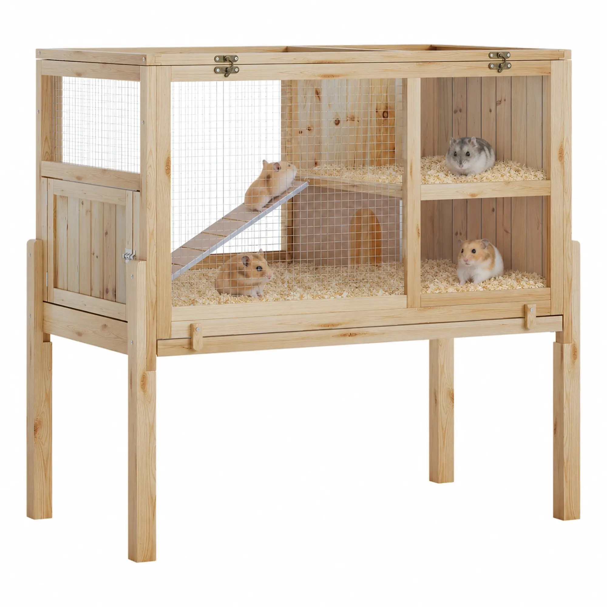 38" 2-Story Wooden Rabbit Hutch with Stand, Indoor Guinea Pig Cage Featuring Ramp, Hideout, Lockable Door & Leak-Proof Pull-Out Tray, Clear View Small Animal Habitat for Bunny Hamster