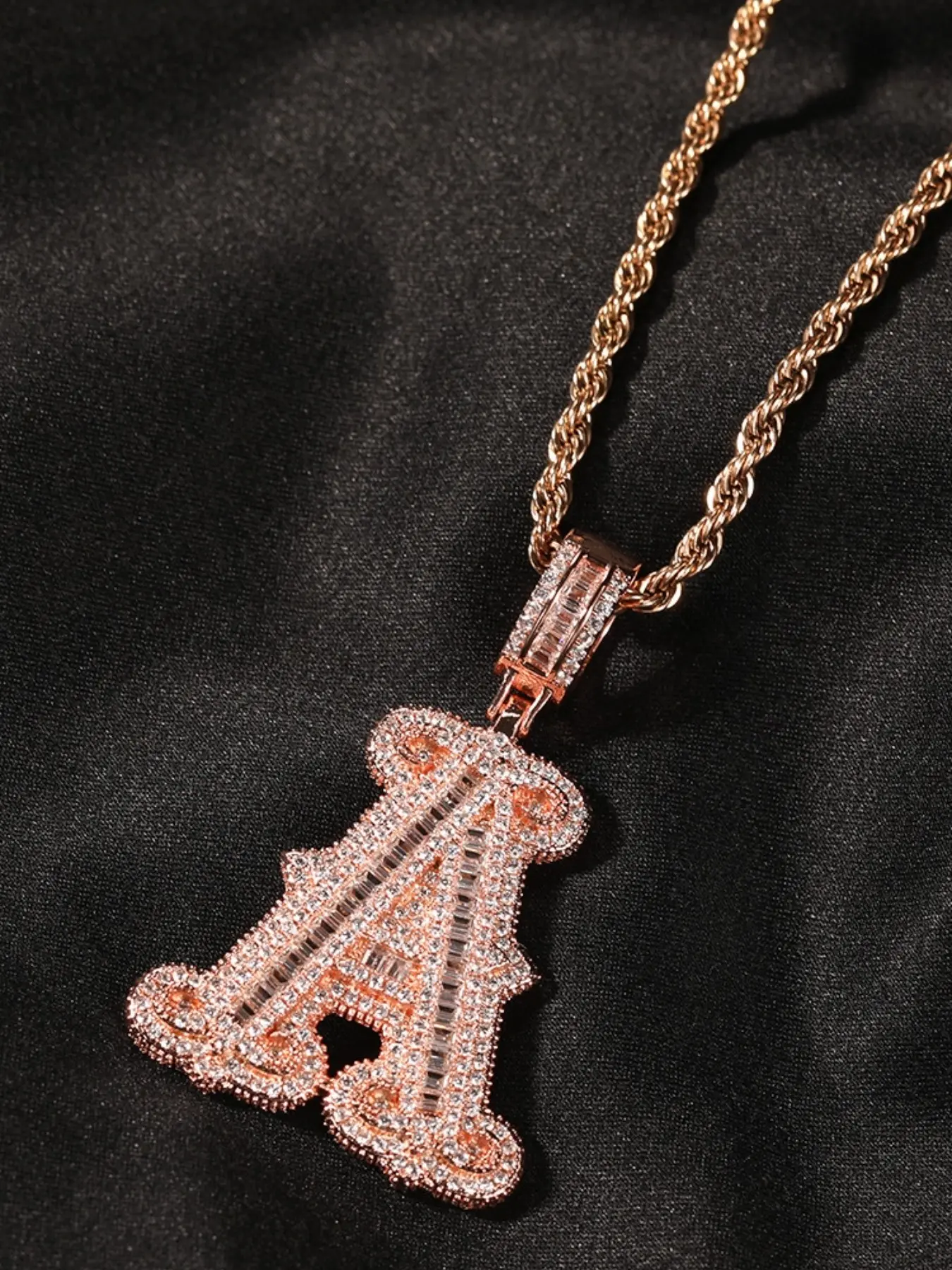 Creative Zircon Embedded Spiky Necklace, A-Z Letter Pendants, 24-Inch Braided Chain, Hip Hop Style, Luxurious and Versatile, Pendant with Zirconia